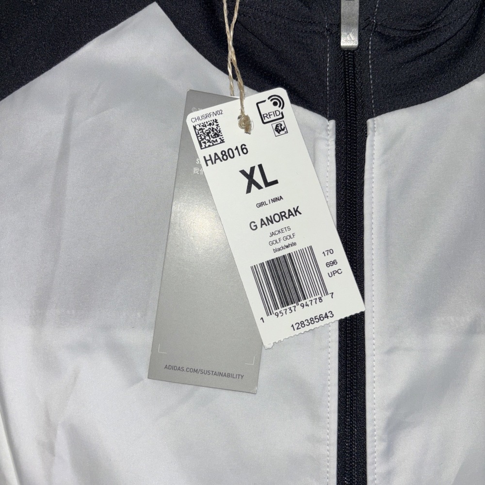 Adidas Golf G Anorak Girls XL Full Zip Hooded Jacket Black White HA8016 NWT - Picture 2 of 5